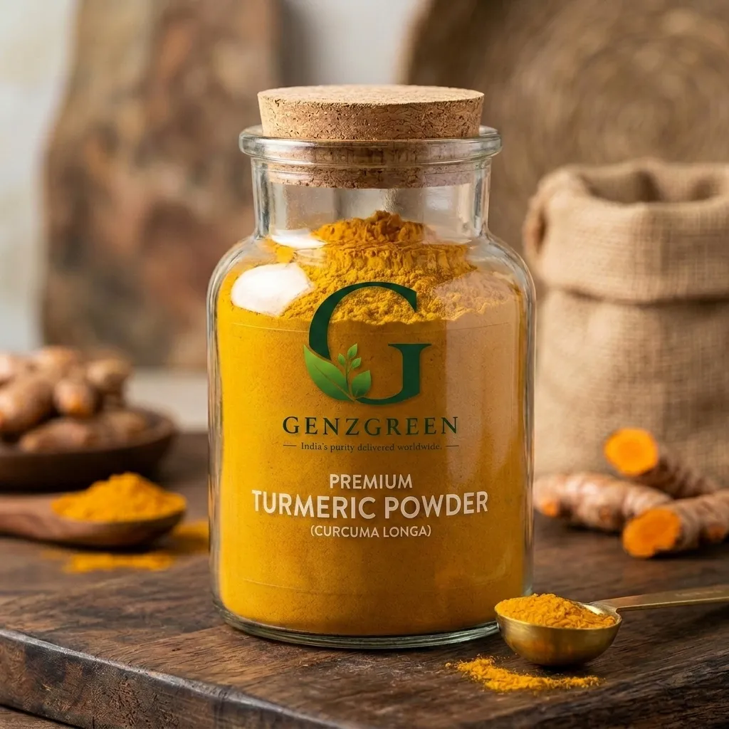 Finely ground premium Indian turmeric root powder packaging by GENZGREEN